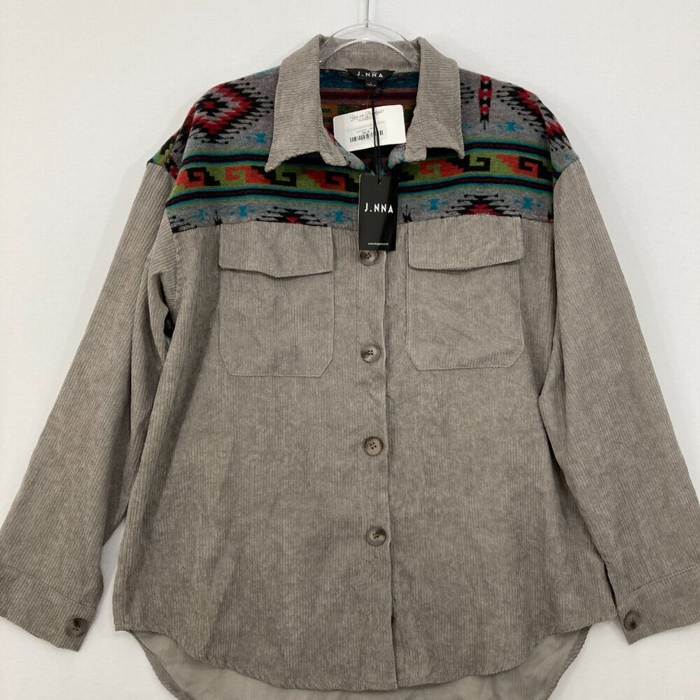 New J. NNA Large Gray Corduroy Tribal‎ Southwestern Print Oversized Shirt Jacket